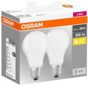 SET 2 becuri LED Osram, soclu E27, putere 8.5W, forma clasic, lumina alb calda, alimentare 220 - 240 V, 